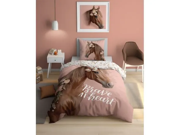 Pościel z bawełny dla dzieci 140x200+70x80 koń z kwiatami fluo 5412 a świeci w ciemności