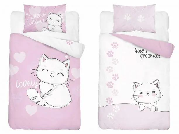 Pościel z bawełny 100x135 + 40x60 kochany kotek dla dzieci do łóżeczka 3158 d biało różowa
