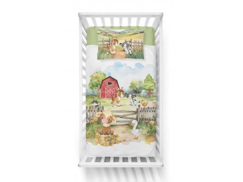 Pościel z bawełny 90x120 + 40x60 zwierzątka na farmie dla dzieci do łóżeczka 5140 a biało zielona Pościel z bawełny 90x120 + 40x60 zwierzątka na farmie dla dzieci do łóżeczka 5140 a biało zielona