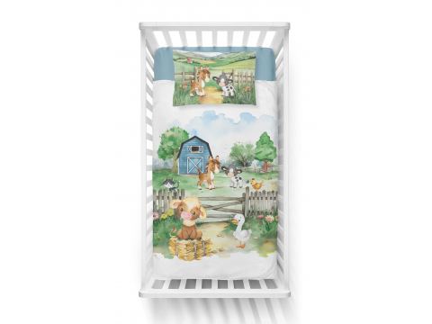 Pościel z bawełny 90x120 + 40x60 zwierzątka na farmie dla dzieci do łóżeczka 5140 b biało niebieska Pościel z bawełny 90x120 + 40x60 zwierzątka na farmie dla dzieci do łóżeczka 5140 b biało niebieska