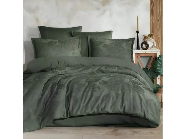 Pościel z satyny bawełnianej żakardowej 220x200+2/70x80/ Palmore 1 Luxury liście ciemnozielone