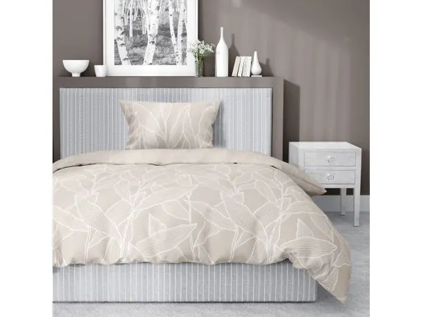 Pościel satynowa 140x200+1/70x80 liście na beżowym tle wz. 5087 a detexpol