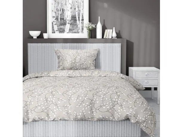 Pościel satynowa 140x200+1/70x80 drobne listki na beżowym tle wz. 5217 b detexpol