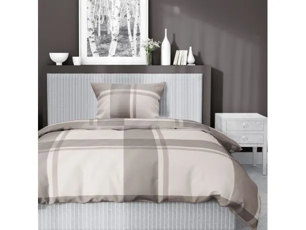 Pościel satynowa 140x200+1/70x80 beżowa kratka wz. 5218 b detexpol