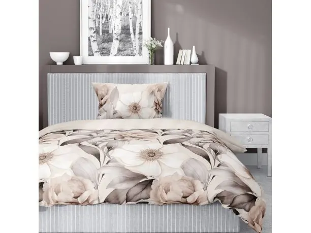 Pościel satynowa 140x200+1/70x80 beżowe begonie, wz. 5220 a detexpol