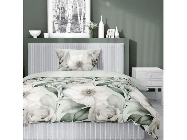 Pościel satynowa 140x200+1/70x80 miętowe begonie wz. 5220 b detexpol