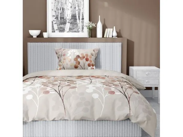 Pościel satynowa 140x200+1/70x80 beżowe gałązki wz. 5223 a detexpol