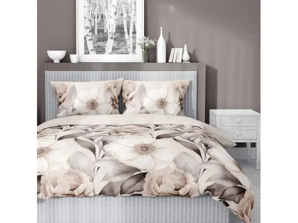 Pościel satynowa 160x200+2/70x80 beżowe begonie, wz. 5220 a detexpol