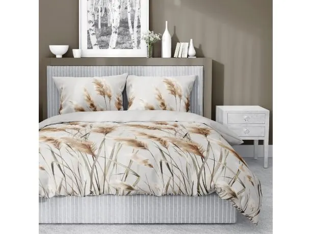 Pościel satynowa 220x200+2/70x80 kortaderia na szarym tle wz. 5329 b detexpol liście trawy