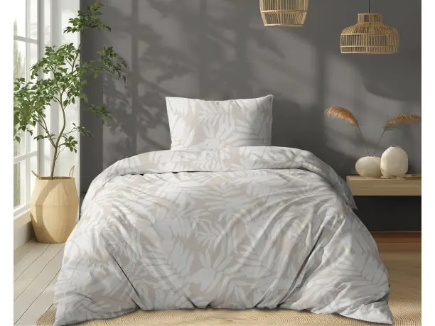 Pościel z bawełny 140x200 +1/70x80 listki na beżowym tle wz.5335 b