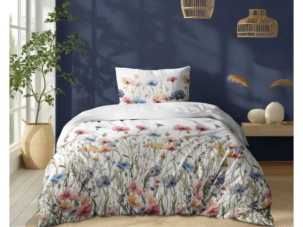 Pościel z bawełny 140x200 +1/70x80 maki, bławatki wz. 5341 a