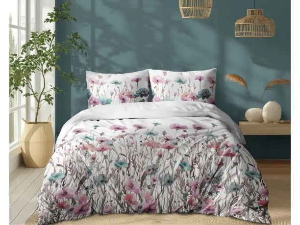 Pościel z bawełny 160x200 +2/70x80 turkusowe, różowe maki wz. 5341 b