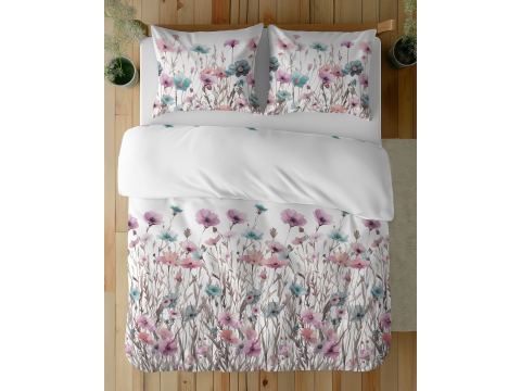 Pościel z bawełny 160x200 +2/70x80 turkusowe, różowe maki wz. 5341 b