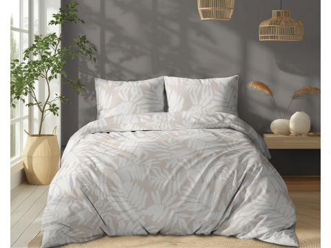 Pościel bawełniana 220x200 +2/70x80 listki na beżowym tle  wz.5335 b
