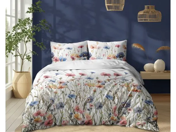 Pościel z bawełny 180x200 +2/70x80 maki, bławatki wz. 5341 a