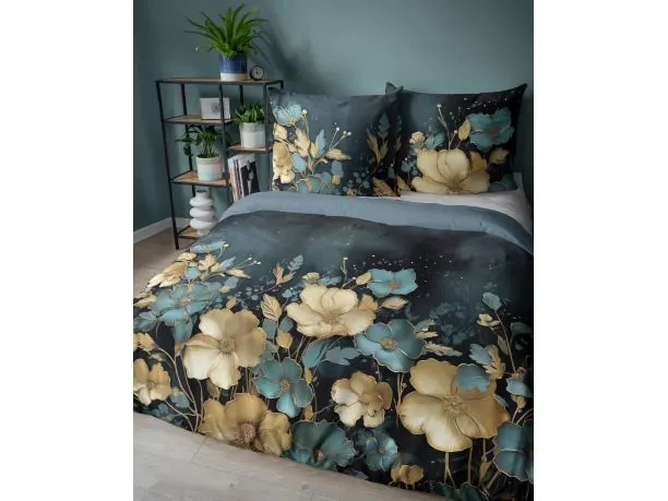 Pościel z bawełny 160x200 +2/70x80 złoty, turkusowy zawilec holland collection holenderska 3D 5118 A