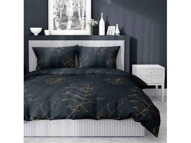 Pościel satynowa 180x200+2/70x80 złote liście na granatowym tle wz. 4826 b detexpol