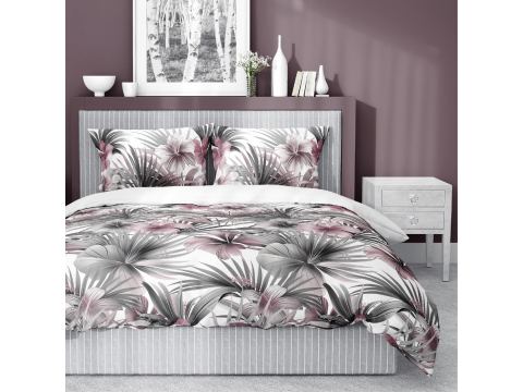 Pościel satynowa 160x200+2/70x80 popielate kwiaty tropikalne wz. 5479 b detexpol