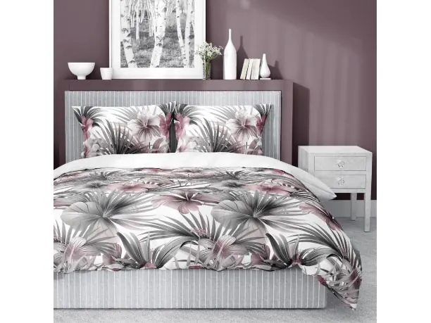 Pościel satynowa 160x200+2/70x80 popielate kwiaty tropikalne wz. 5479 b detexpol