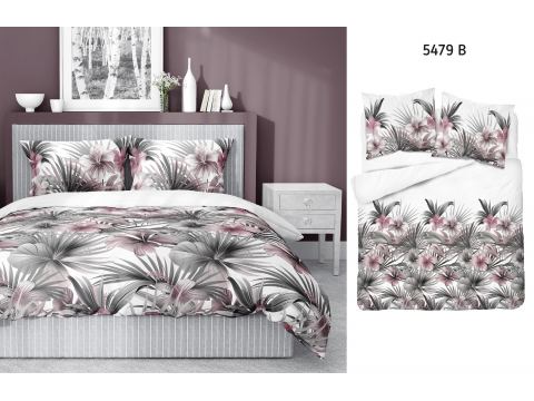 Pościel satynowa 160x200+2/70x80 popielate kwiaty tropikalne wz. 5479 b detexpol