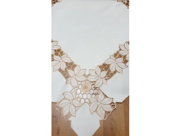 Bieżnik Haftowany - 85x85 - Listki - 0025 - beż, krem