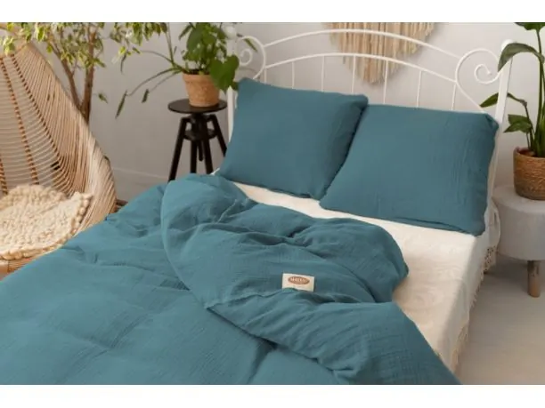 Pościel z muślinu 140x200 +1/70x80 jednobarwna ciemna zieleń muślinowa