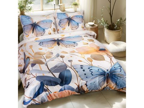 Pościel satynowa 220x200 +2/70x80 niebieskie motyle satynlove premium 12410