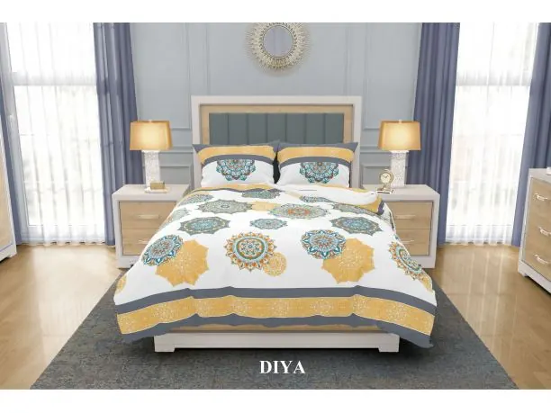 Pościel satynowa 160x200+2/70x80 Diya Silver collection żółto turkusowe rozety