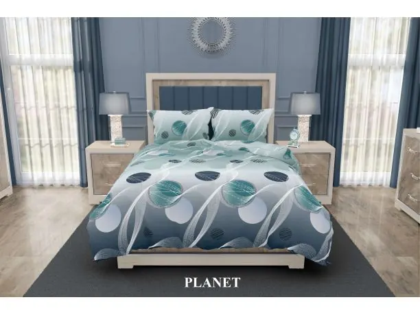 Pościel satynowa 160x200+2/70x80 Planet Silver collection miętowo granatowe kółka