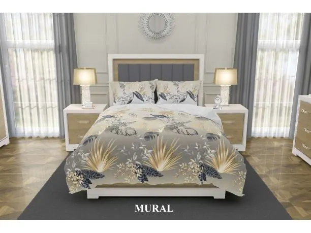 Pościel satynowa 220x200+2/70x80 Mural Silver collection liście na popielatym tle