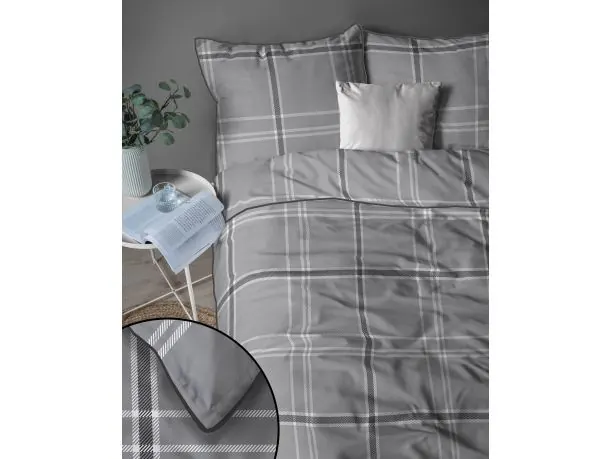 Elegancka pościel perkalowa 220x200 z lamówką – 100% bawełna szara kratka + 2 poszewki + torba