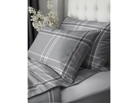 Elegancka pościel perkalowa 220x200 z lamówką – 100% bawełna szara kratka + 2 poszewki + torba