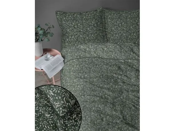 Pościel z perkalu 160x200 + 2/70x80 z lamówką + torba, listki na zielonym tle Lame Percale 5588 a