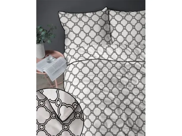 Pościel perkalowa 160x200 z lamówką – 100% bawełna biało-czarny wzór + 2 poszewki + torba