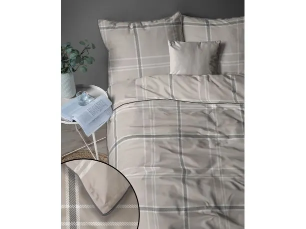 Komplet pościeli z perkalu z lamówką 220x200 +2/70x80 + torba beżowa kratka Lame Percale 5240 b