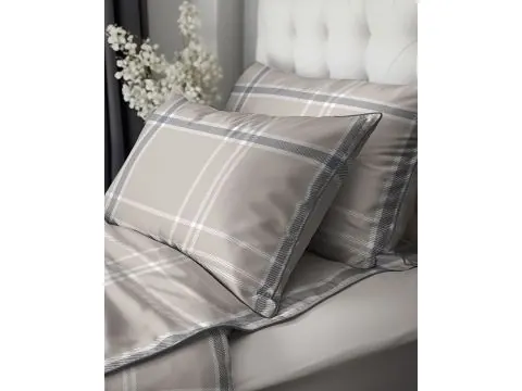 Komplet pościeli perkalowej 220x200 z lamówką – 100% bawełna beżowa kratka + 2 poszewki + torba