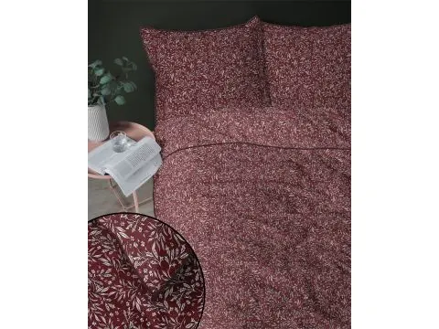 Pościel perkalowa 220x200 z lamówką – 100% bawełna listki na bordowym tle + 2 poszewki + torba