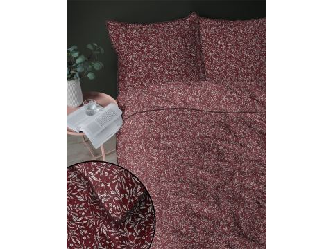 Pościel z perkalu 220x200 + 2/70x80 z lamówką + torba, listki na bordowym tle Lame Percale 5588 b