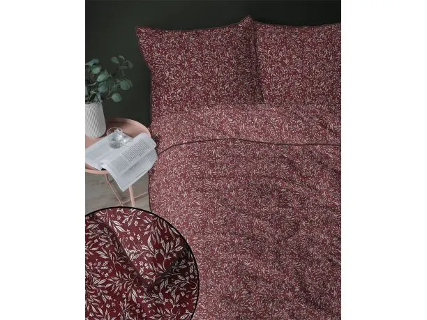 Pościel perkalowa 220x200 z lamówką – 100% bawełna listki na bordowym tle + 2 poszewki + torba