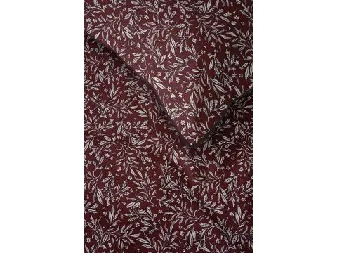 Pościel perkalowa 220x200 z lamówką – 100% bawełna listki na bordowym tle + 2 poszewki + torba
