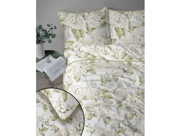 Pościel perkalowa 220x200 z lamówką – 100% bawełna biało-oliwkowe kwiaty + 2 poszewki + torba
