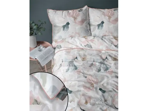 Pościel z perkalu 220x200 + 2/70x80 z lamówką + torba, morelowo miętowe piwonie Lame Percale 5590 a