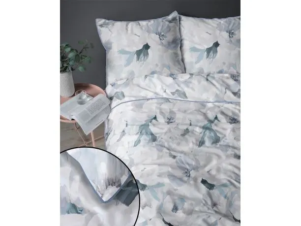 Pościel z perkalu 220x200 + 2/70x80 z lamówką + torba, niebiesko szare piwonie Lame Percale 5590 b