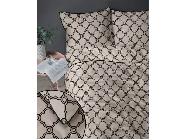 Pościel perkalowa 220x200 z lamówką – 100% bawełna beżowy wzór + 2 poszewki