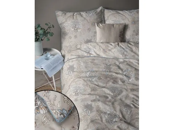 Elegancka pościel z perkalu 220x200+2/70x80 z dekoracyjną lamówką + torba beżowy orient Lame Percale 5242 b