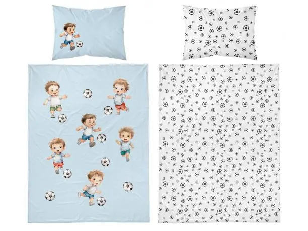 Pościel z bawełny 100x135 + 40x60 chłopczyk z piłką na niebieskim tle do łóżeczka 5142 a