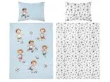 Pościel z bawełny 100x135 + 40x60 chłopczyk z piłką na niebieskim tle do łóżeczka 5142 a