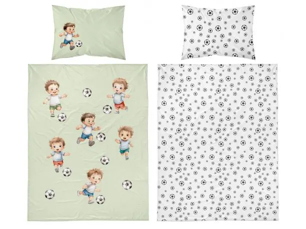 Pościel z bawełny 100x135 + 40x60 chłopczyk z piłką na zielonym tle do łóżeczka 5142 b