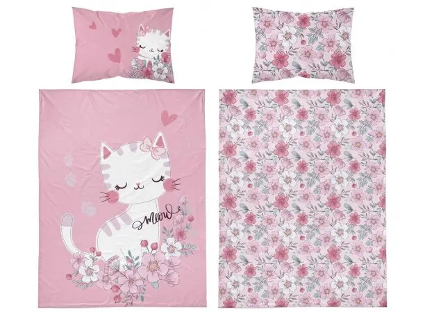 Pościel z bawełny 100x135 + 40x60 różowy kotek do łóżeczka 5136 a