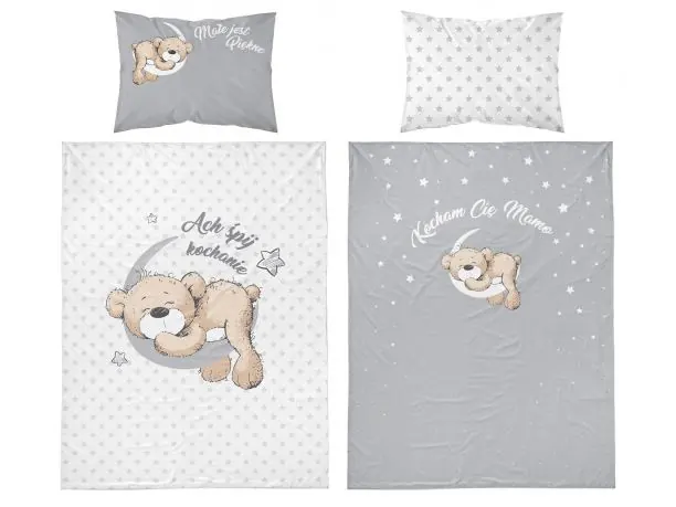 Pościel z bawełny 100x135 + 40x60 śpiący misio na szarym tle dla dzieci do łóżeczka 3944 a